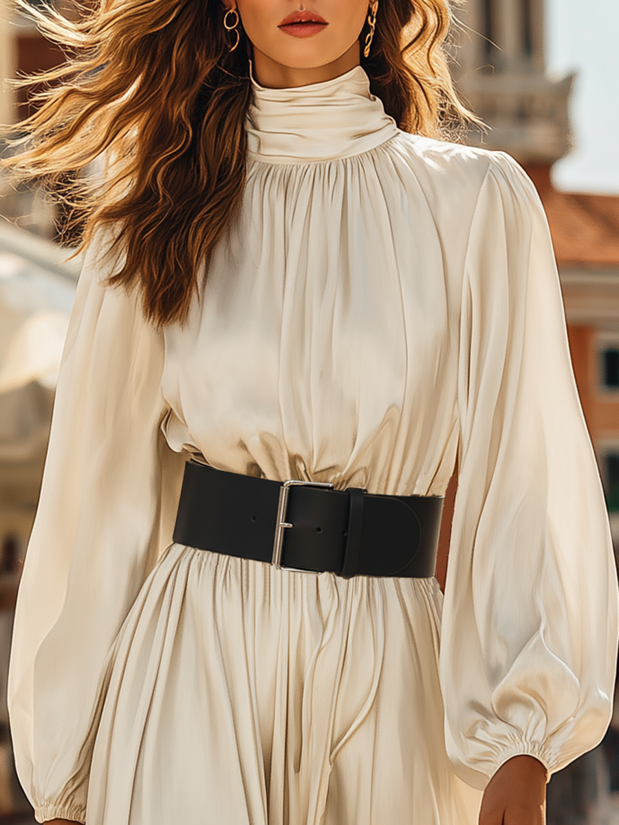 Vacation-style White Satin High-neck Maxi Dress