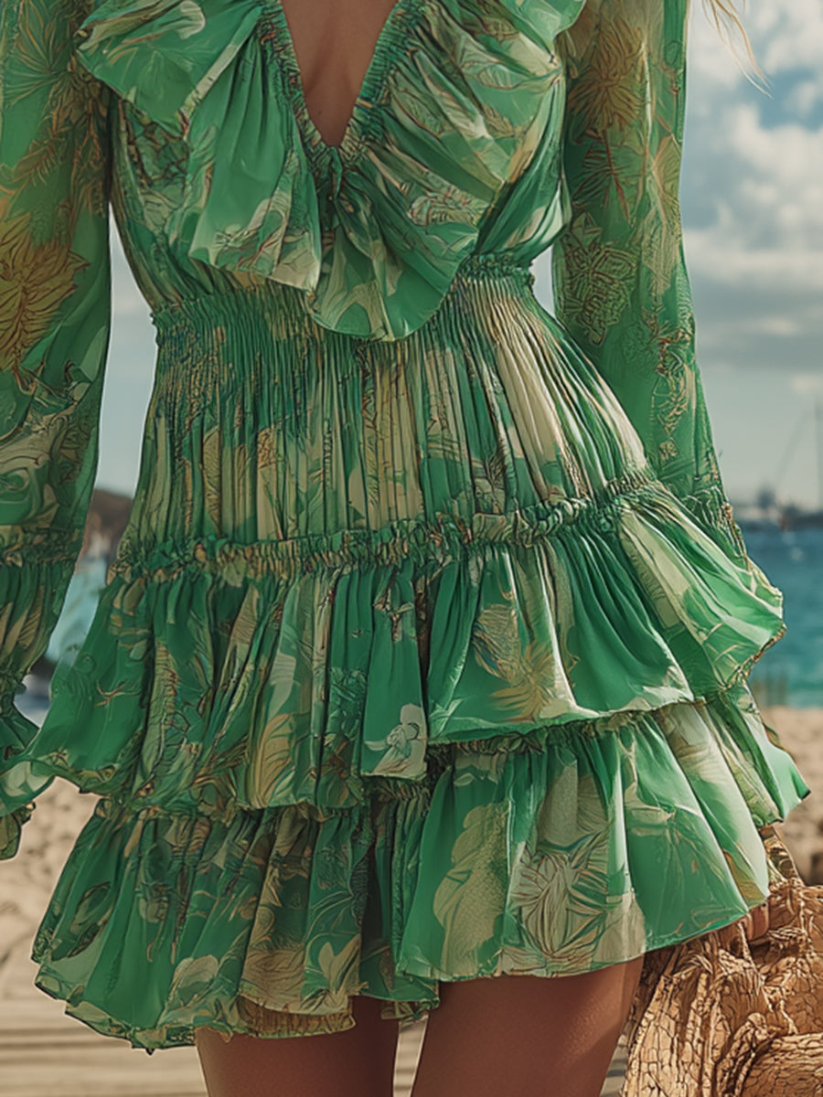Tropical Resort V-neck Green Chiffon Printed Ruffle Mini Dress