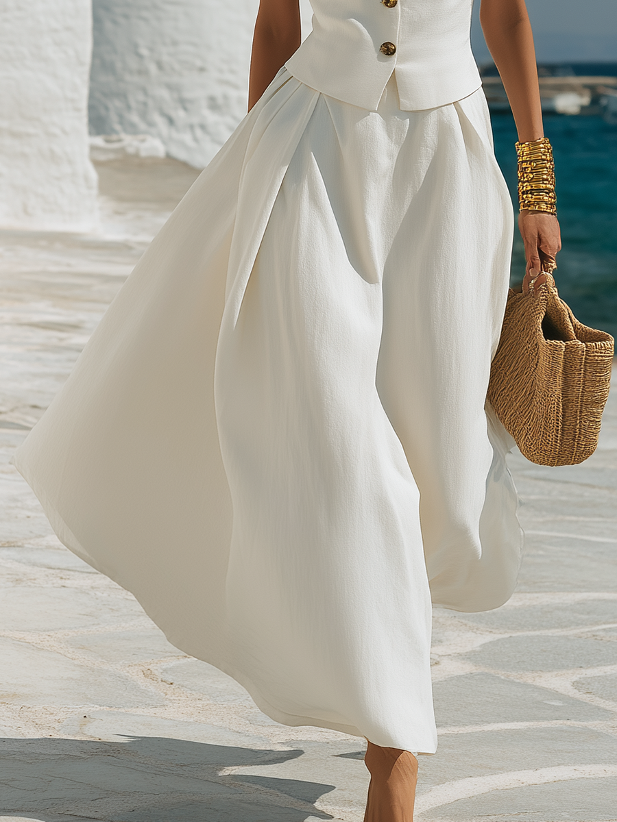 Cotton And Linen Resort-style White Stand-collar Top And A-line Skirt Set