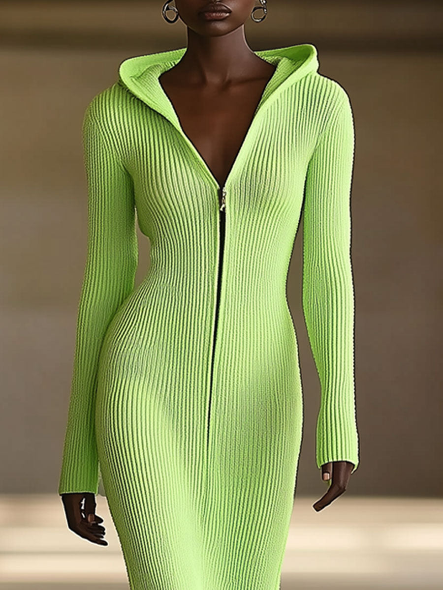 Fashionable Fluorescent Green Knitted Hooded Long-Sleeved Fishtail Maxi Dress