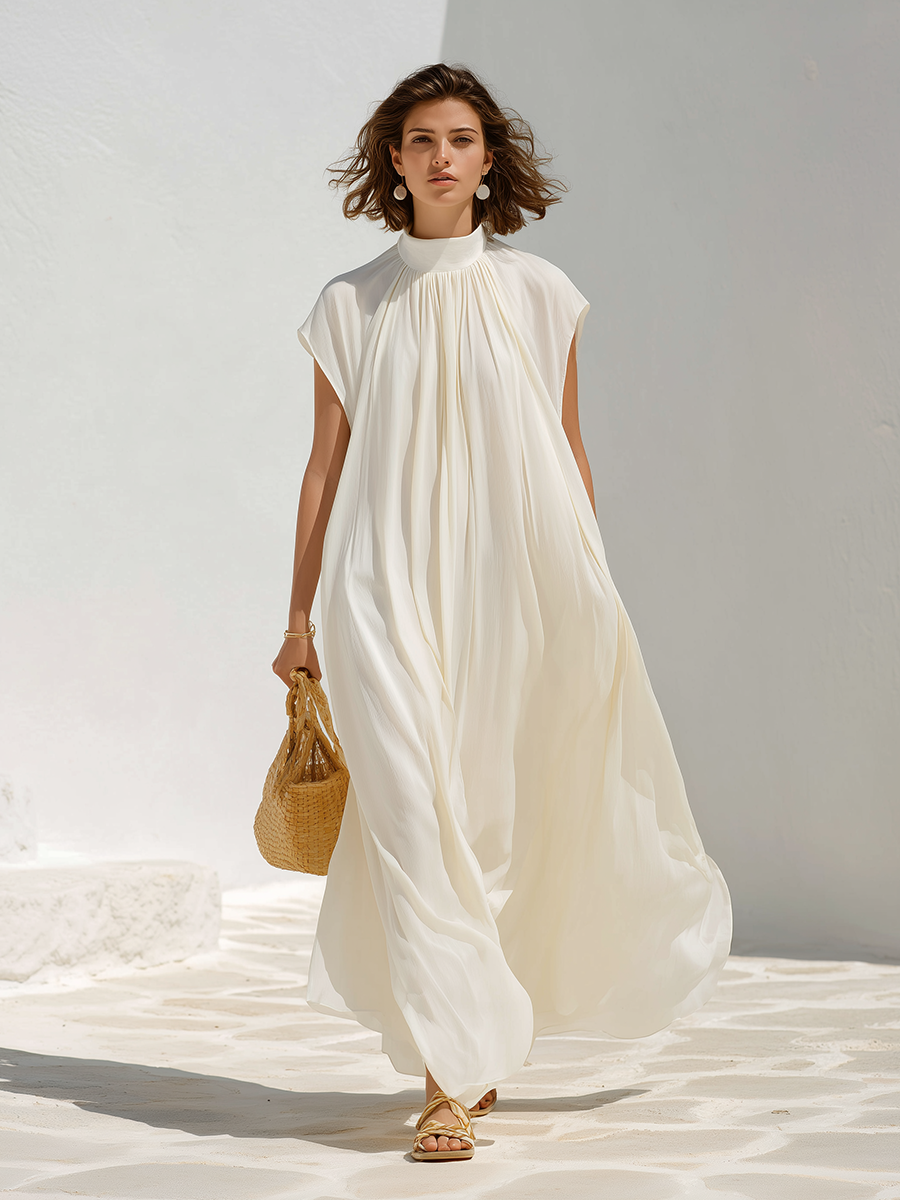 Resort-style Off-white Loose-fitting Turtleneck Short-sleeved Maxi Dress