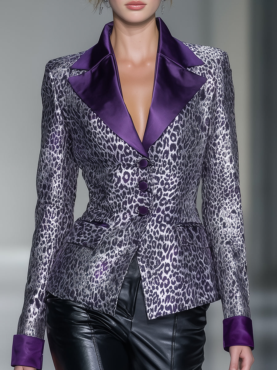 Silver Leopard Print And Purple Button-down Blazer