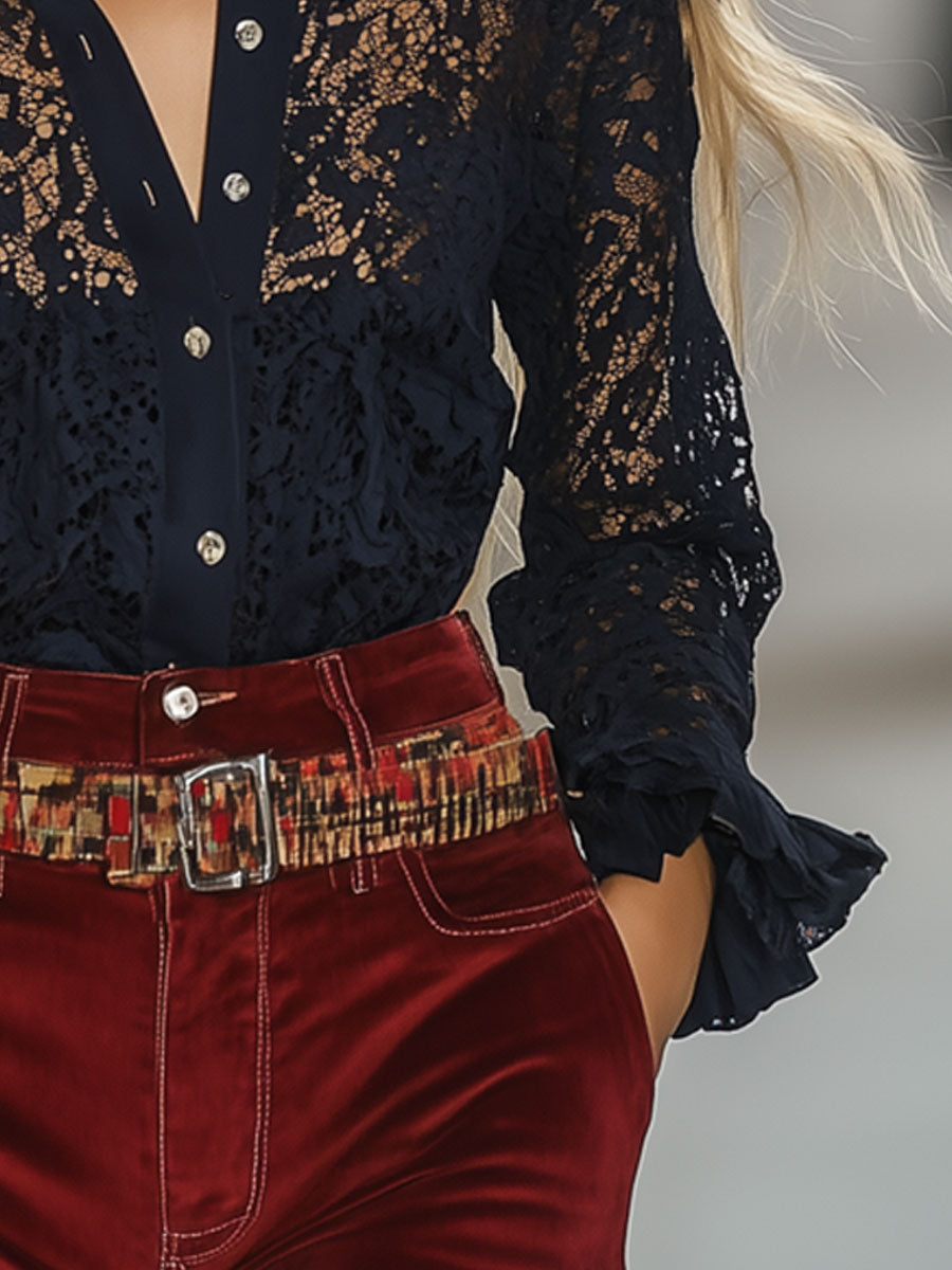Retro Elegant Navy Lace Long Sleeve Shirt