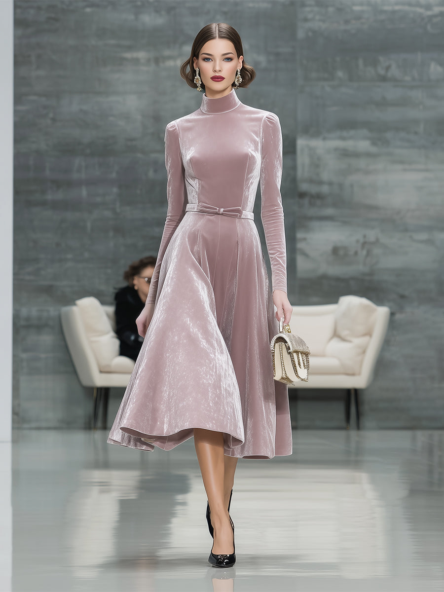Pink Velvet Round Neck Bow Belt Flared Midi Dress