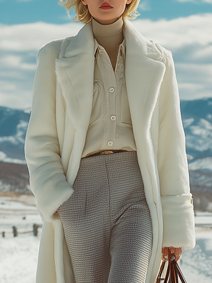 Elegant Classic Lapel White Long Faux Fur Coat