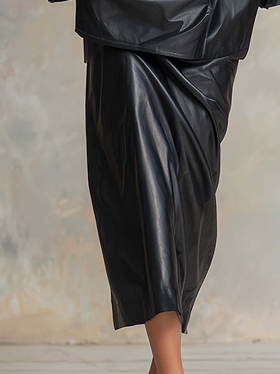 Casual And Fashionable Black PU Suit Skirt Loose Set