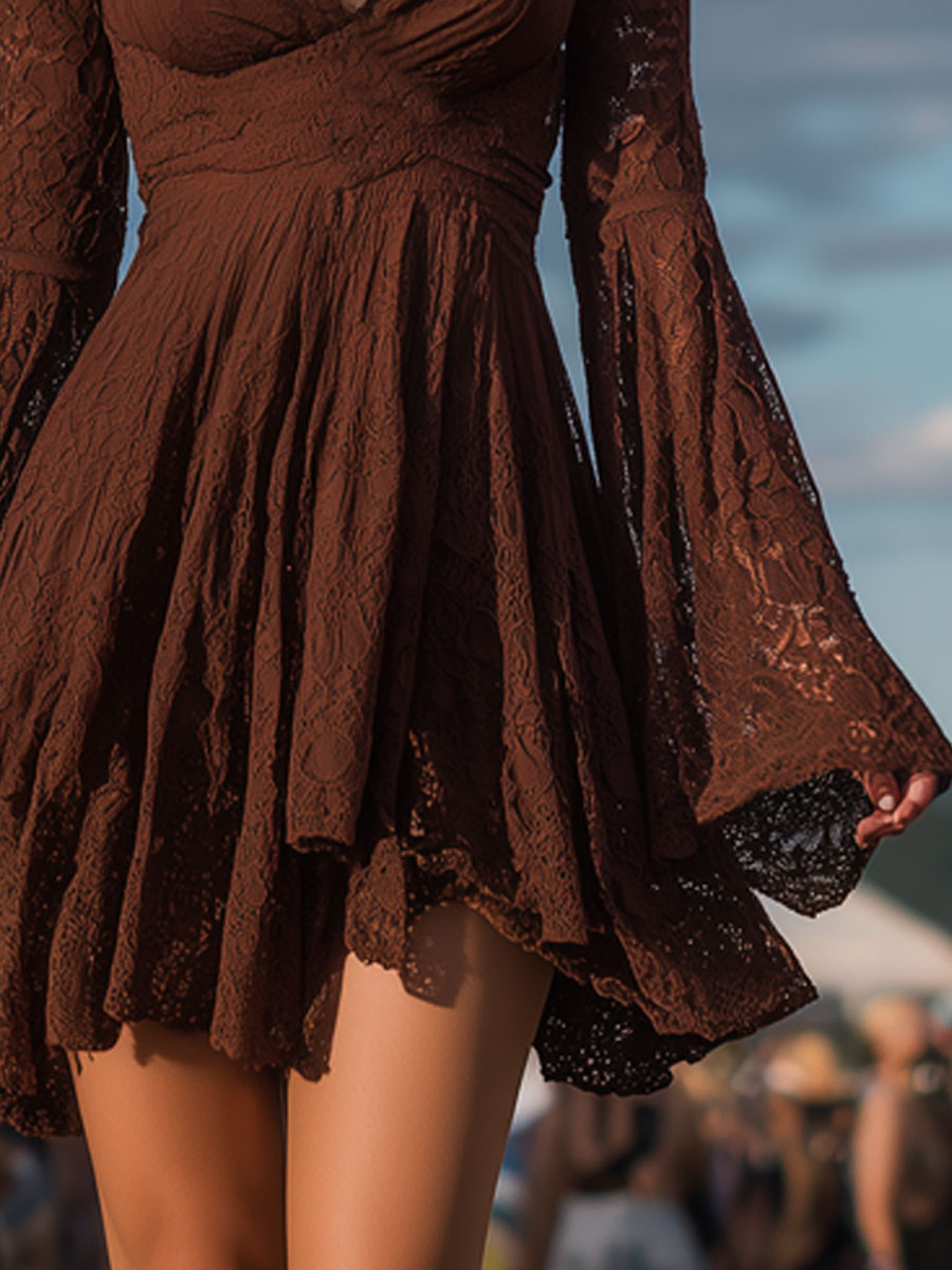 Vintage Chocolate Lace Flared Long Sleeve Mini Dress