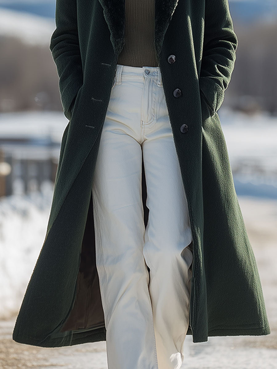 Fashionable And Casual Green Suede Fur Collar Long Coat
