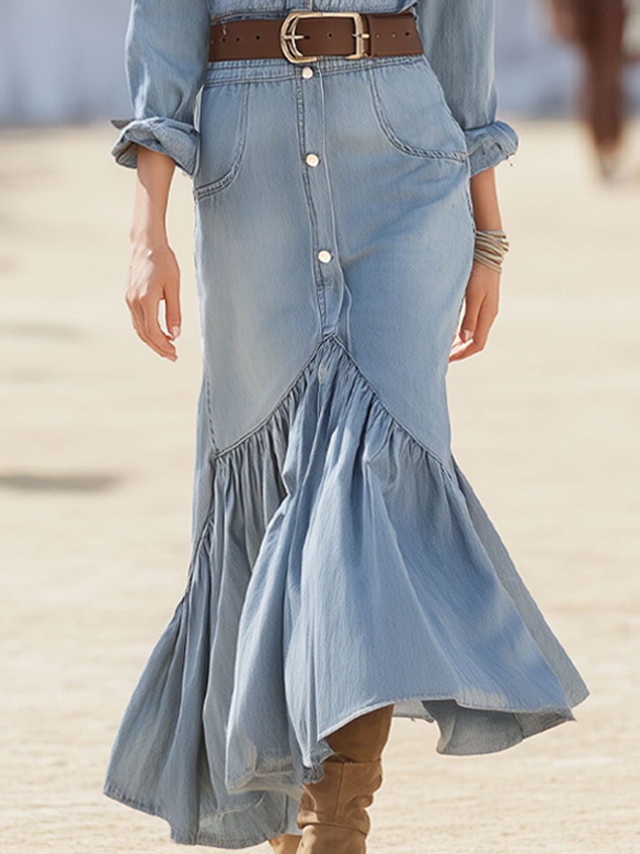 Retro Fashion Light Blue Washed Denim Fishtail Long Sleeve Maxi Dress