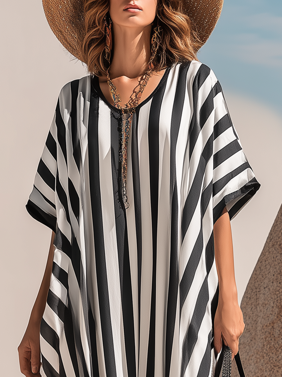 Vacation-style Striped Round-neck Short-sleeved Maxi Dress