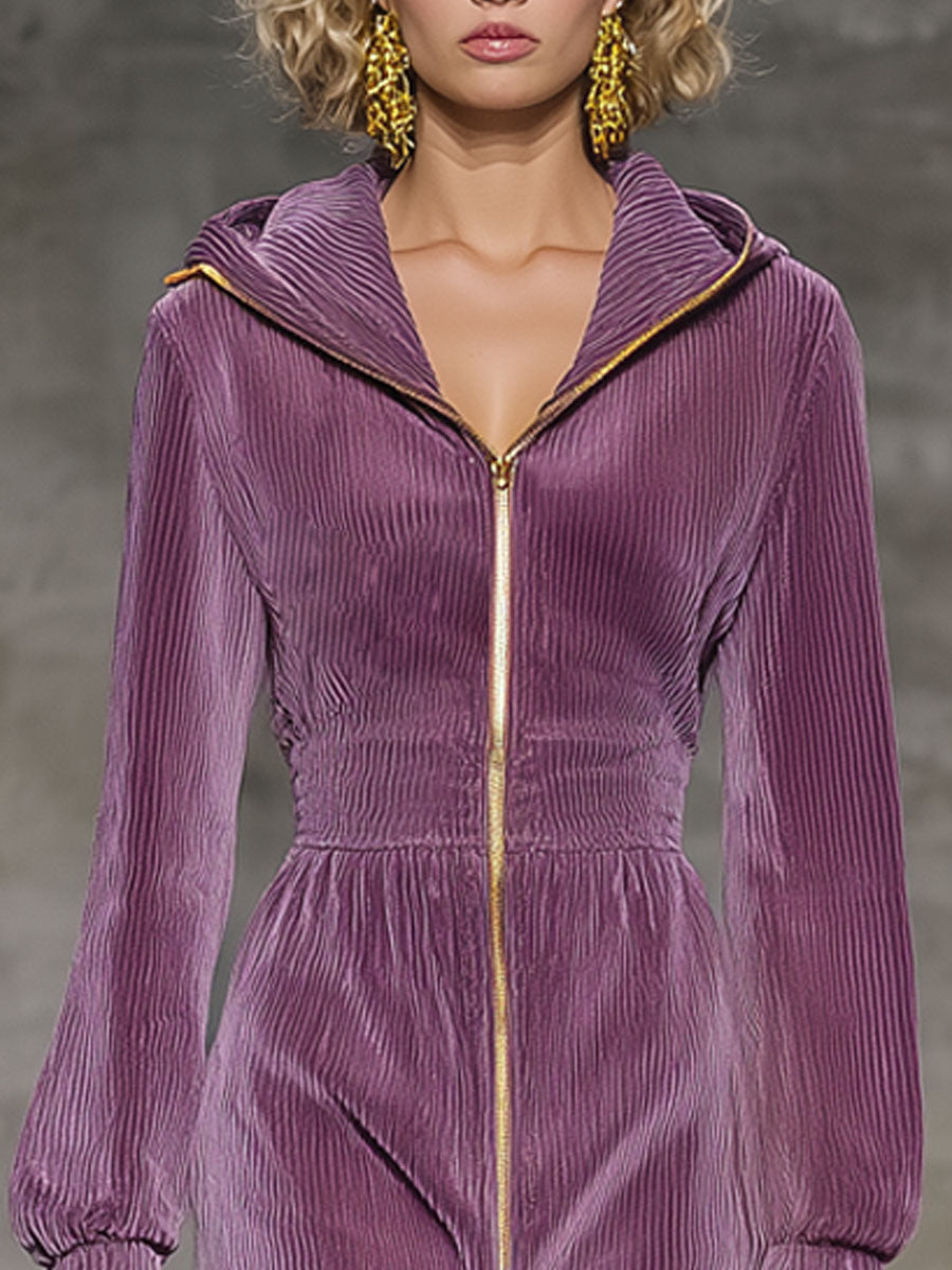 Fashionable And Casual Purple Corduroy Hooded Long-Sleeved Midi Dress