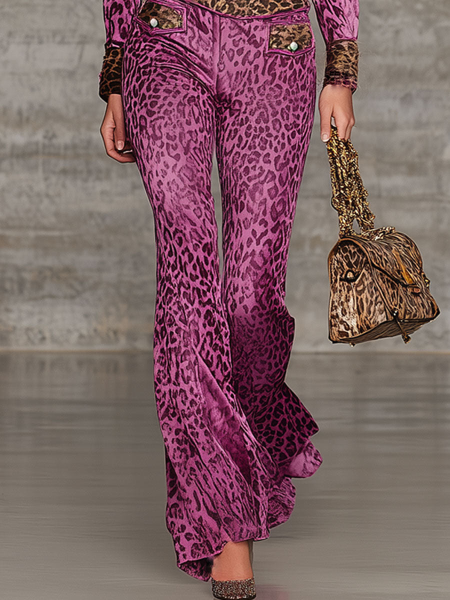 Fashion Retro Purple And Brown Leopard Print Lapel Long-Sleeved Jumpsuit