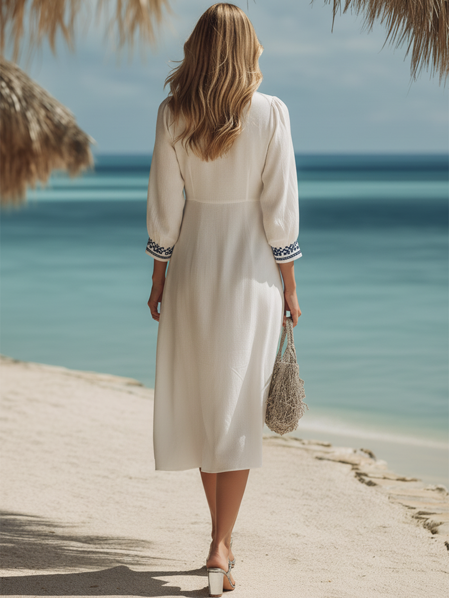 Resort-style Ethnic-style Blue Embroidered Off-white Cotton And Linen Midi Dress