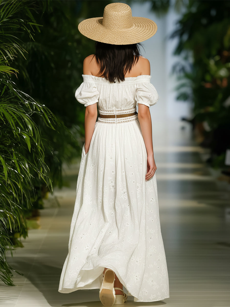 Elegant White Cotton Lace Off-shoulder Puff Sleeve Maxi Dress