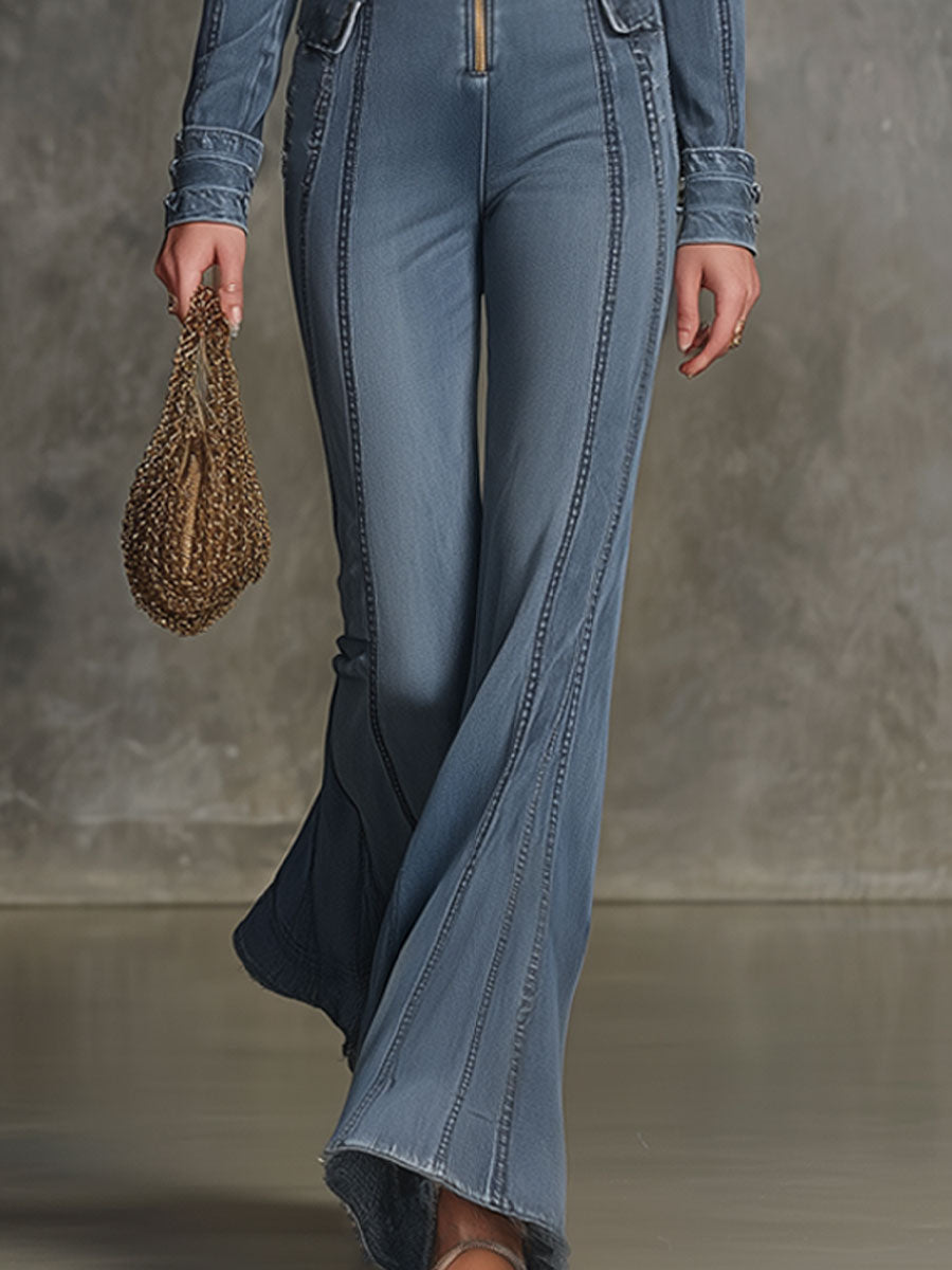 Fashionable Casual Blue Washed Denim Lapel Long-Sleeved Tassel Jumpsuit