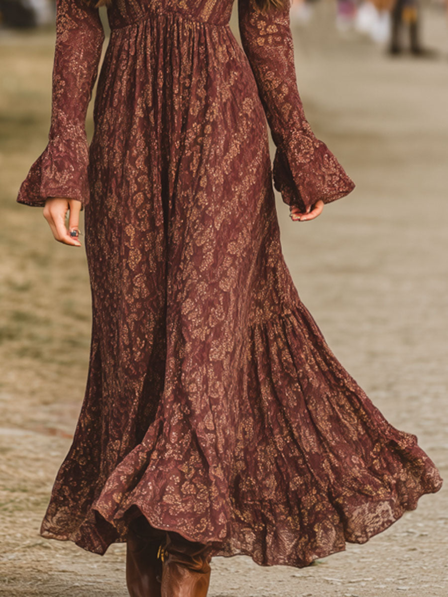 Retro Bohemian Brown Red Chiffon Print Long Sleeve Maxi Dress