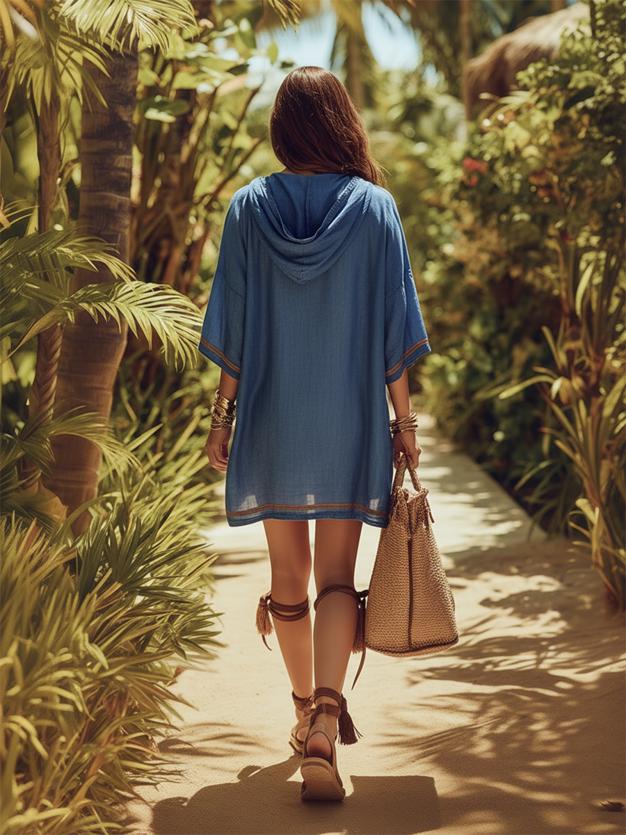 Casual Vacation Style Brown Woven Strap Long-sleeved Tencel Mini Dress