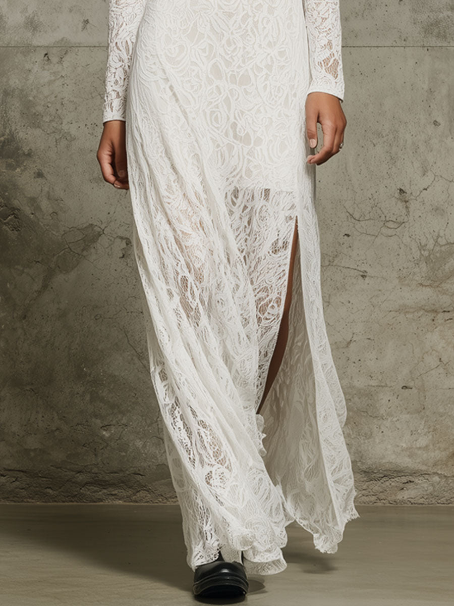 Fashion Retro White Lace Round Neck Long Sleeve Slit Maxi Dress