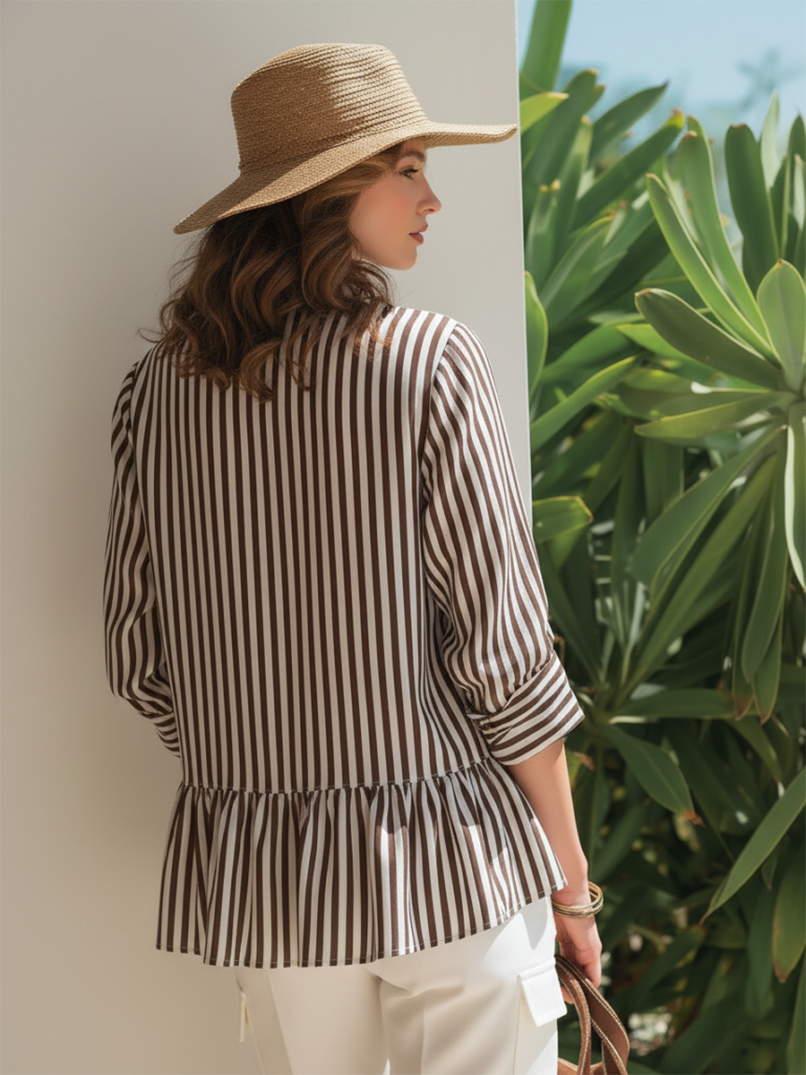 Resort-style White And Brown Striped Long-sleeved Shirt