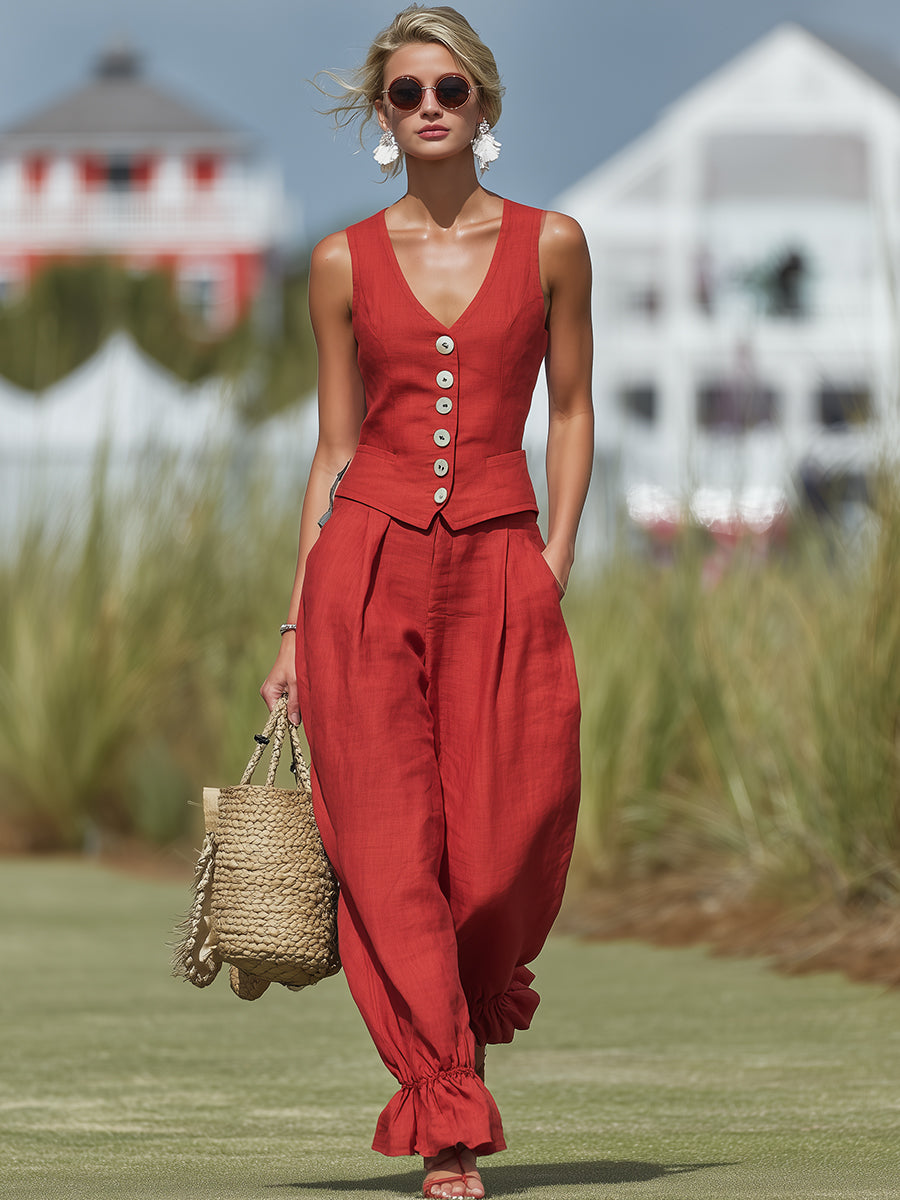 Fashionable Vacation Style Red Cotton Linen White Button Vest Ruffled Lantern Pants Set