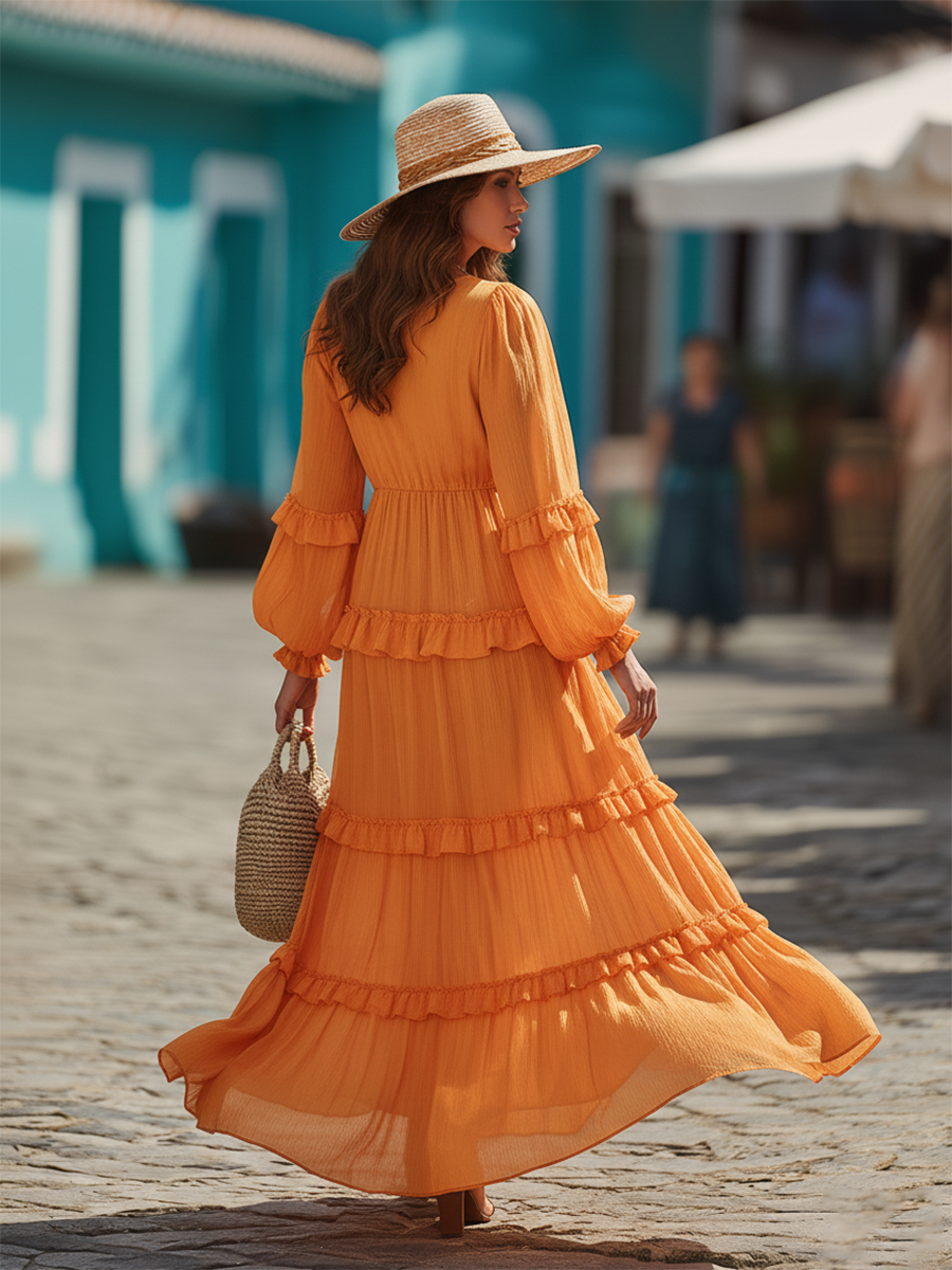 Romantic Bohemian V-neck Ruffled Orange Cotton Textured Maxi Dress