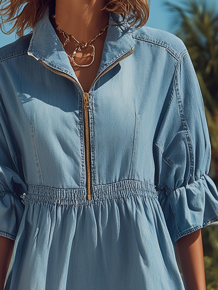 Vacation-style Zippered Denim Mini Dress