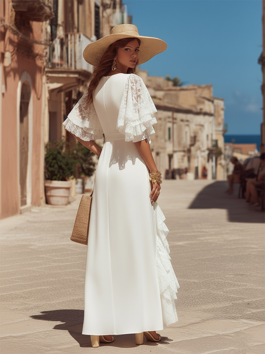 Elegant Cocktail Party V-neck Lace-paneled Short-sleeved Satin Maxi Dress