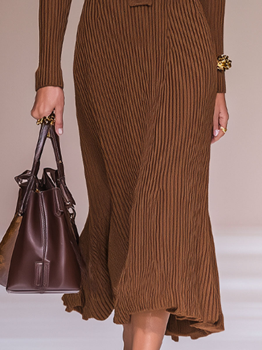 Urban Fashion Dark Brown Knitted Lapel Long Sleeve Midi Dress