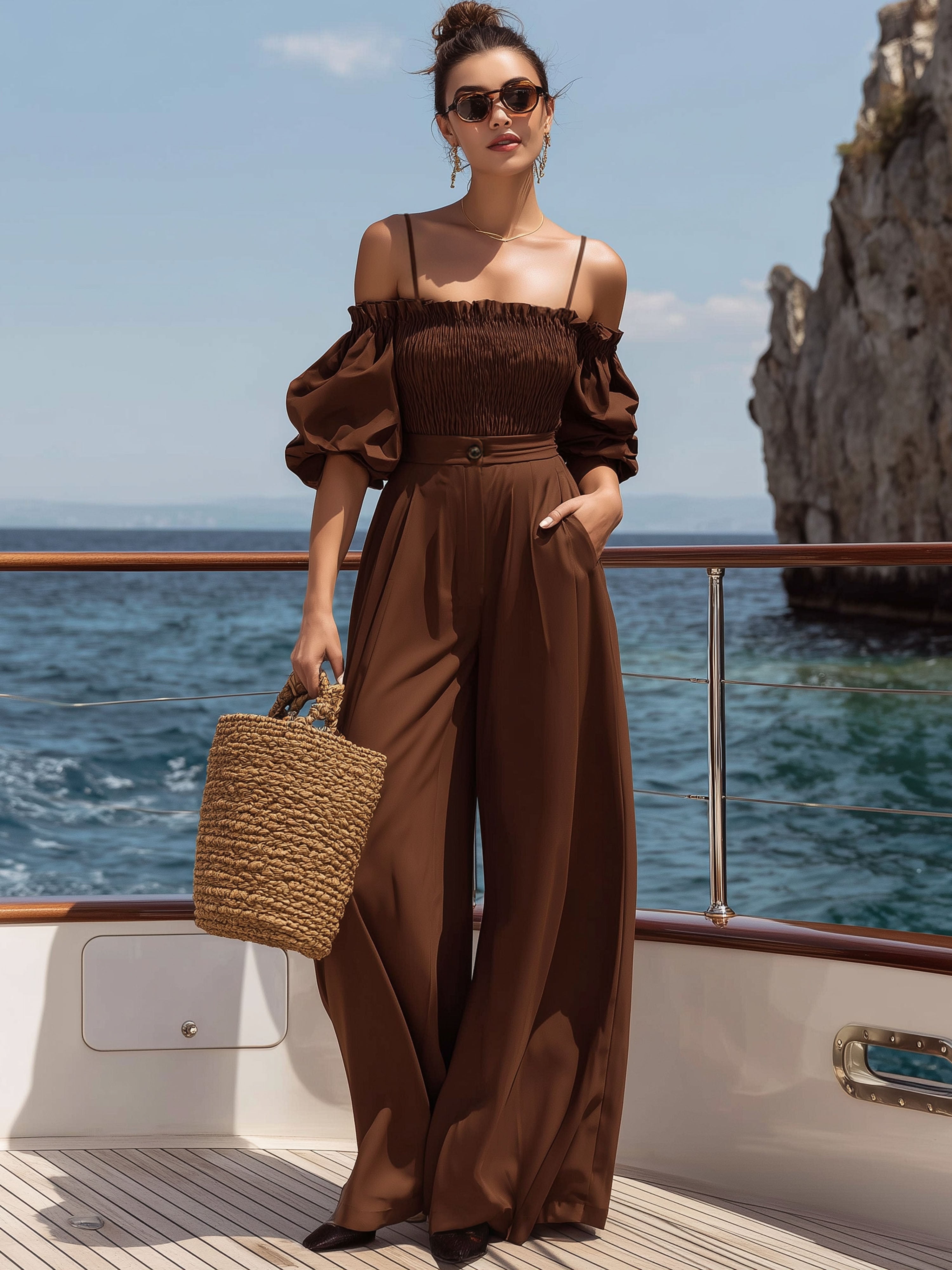 Resort Brown Chiffon Off-Shoulder Camisole And Wide-Leg Pants Set