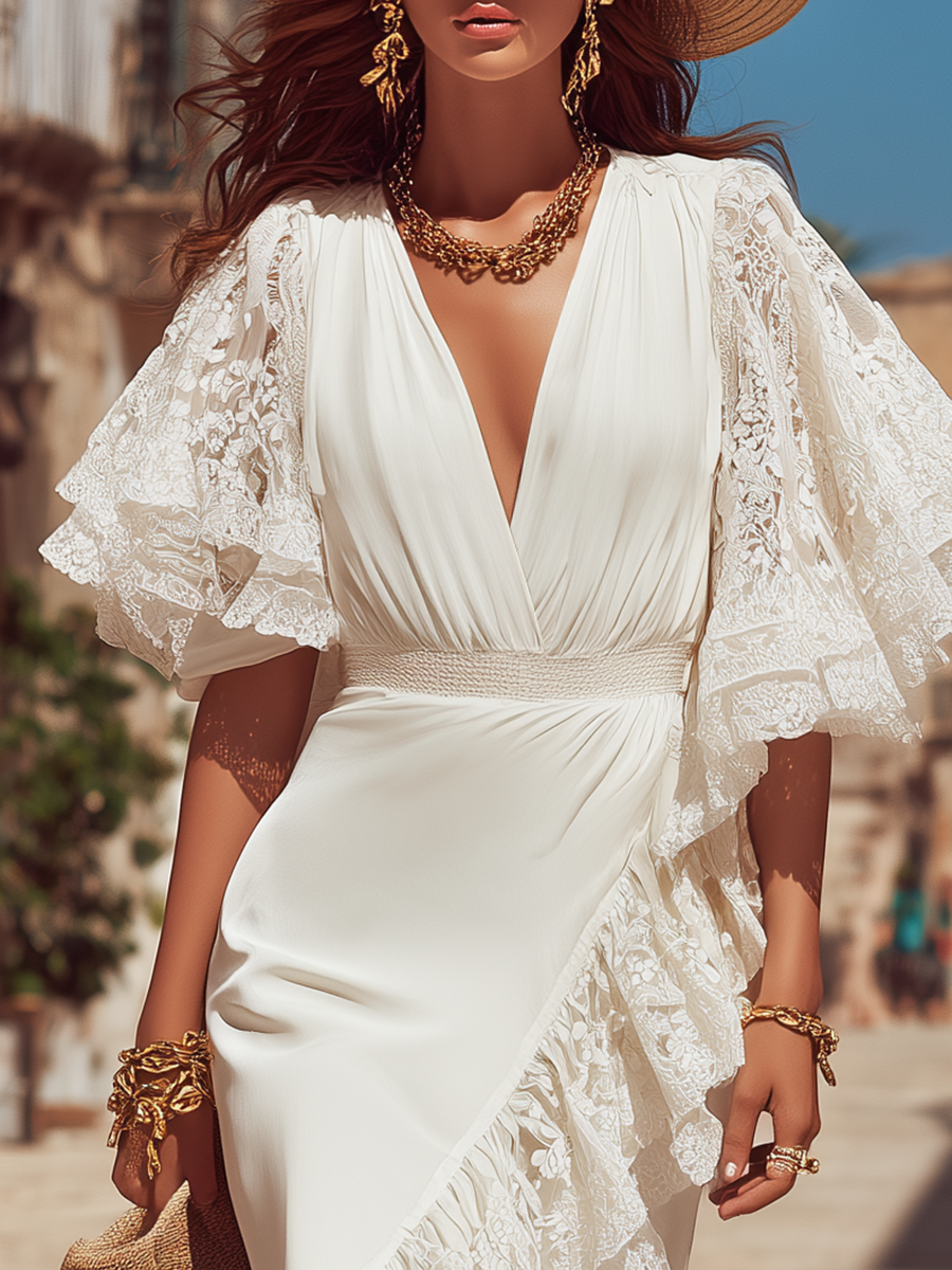 Elegant Cocktail Party V-neck Lace-paneled Short-sleeved Satin Maxi Dress