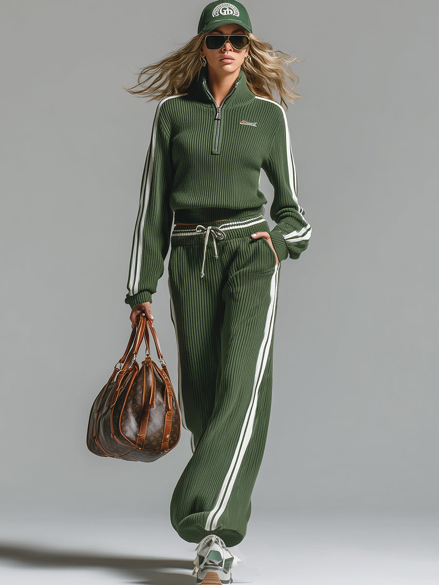 Retro Casual Green Sports Half-zip Knitted Sweater And Pants Set