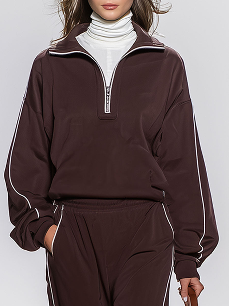 Retro Sports Lapel Half Zipper White Trim Brown Sports Suit
