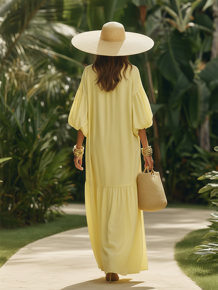 Casual Vacation Yellow Cotton Short-sleeved Maxi Dress