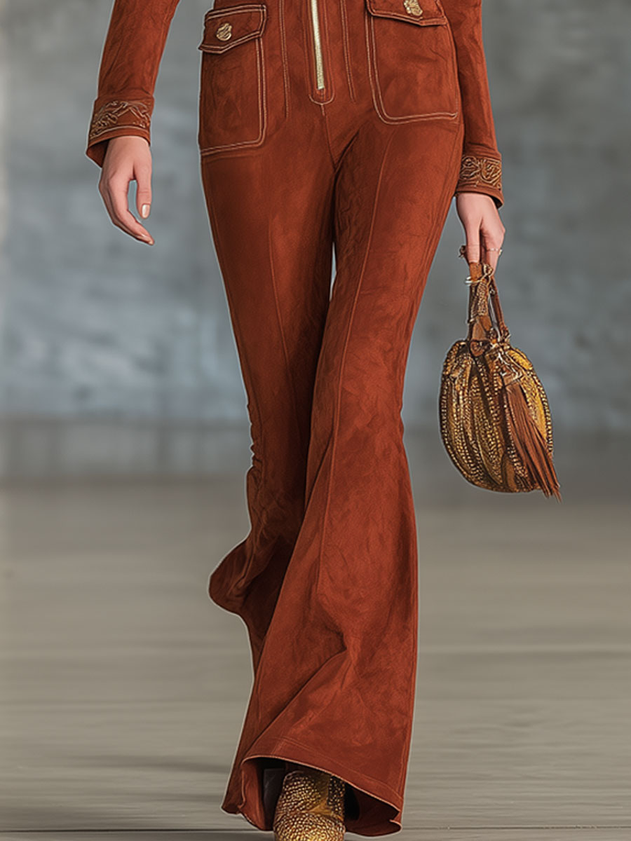 Fashion Retro Reddish Brown Faux Suede Embroidered Lapel Long Sleeve Jumpsuit