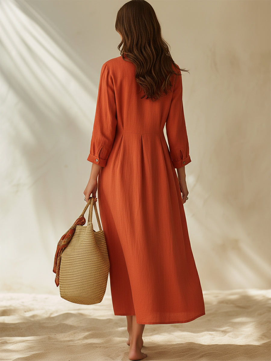Casual Beach Terracotta Orange Cotton Linen Button Midi Dress