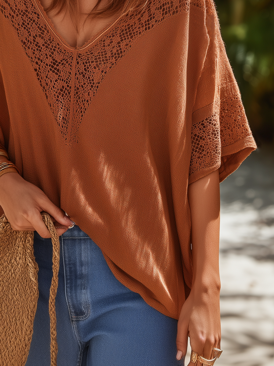 Casual Vacation Style Lace-paneled V-neck Short-sleeved T-shirt