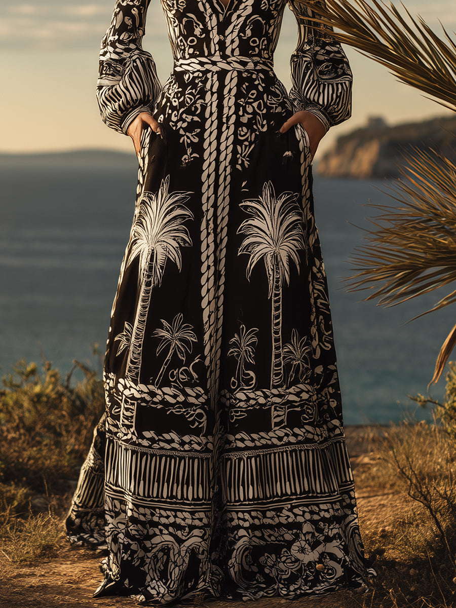 Tropical Bohemian Black And White Palm Print Satin V-Neck Maxi Dress
