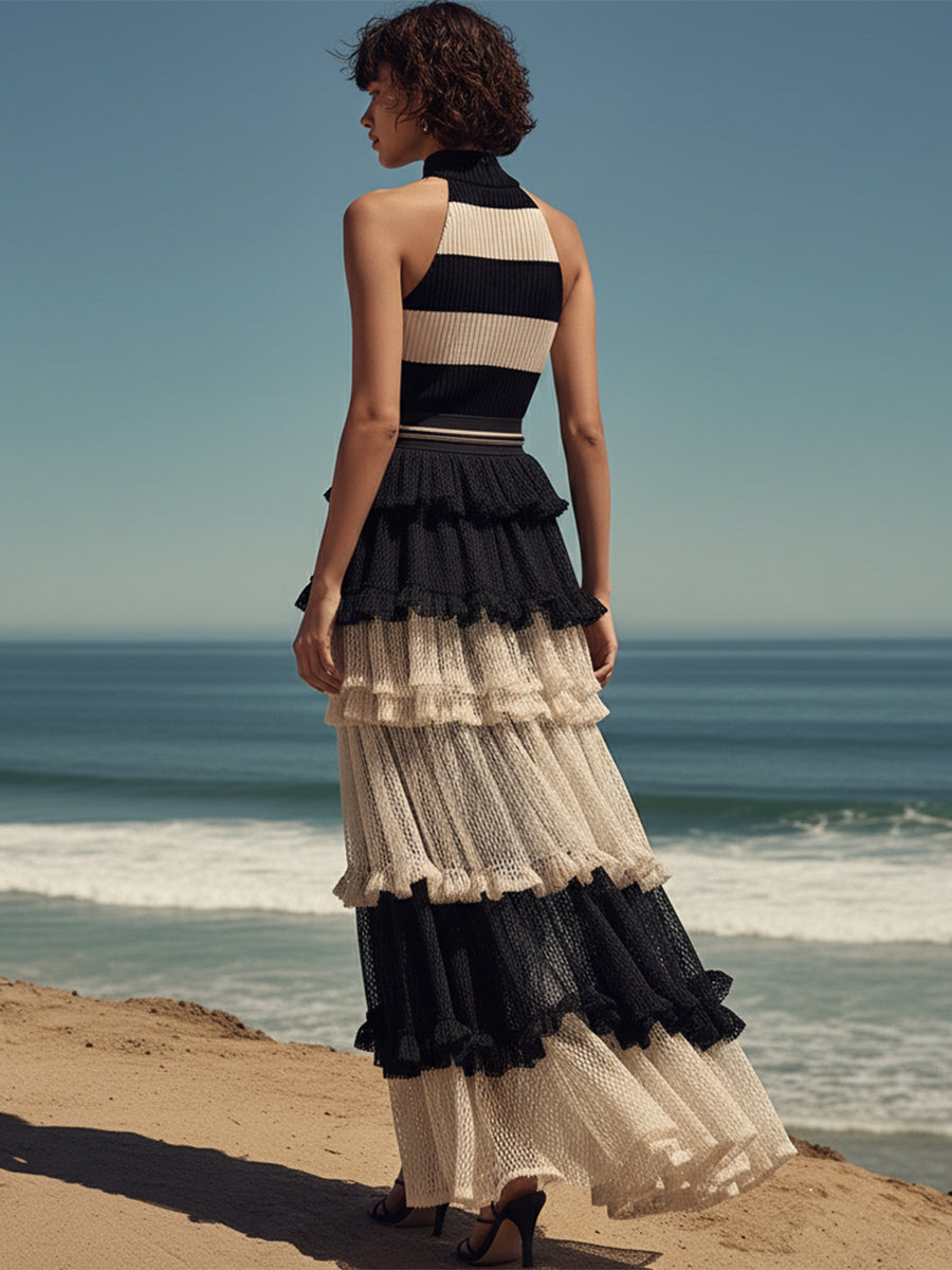 Gorgeous Vacation-style Black And Beige Color-block Halter Neck Ruffled Knit Mesh Maxi Dress