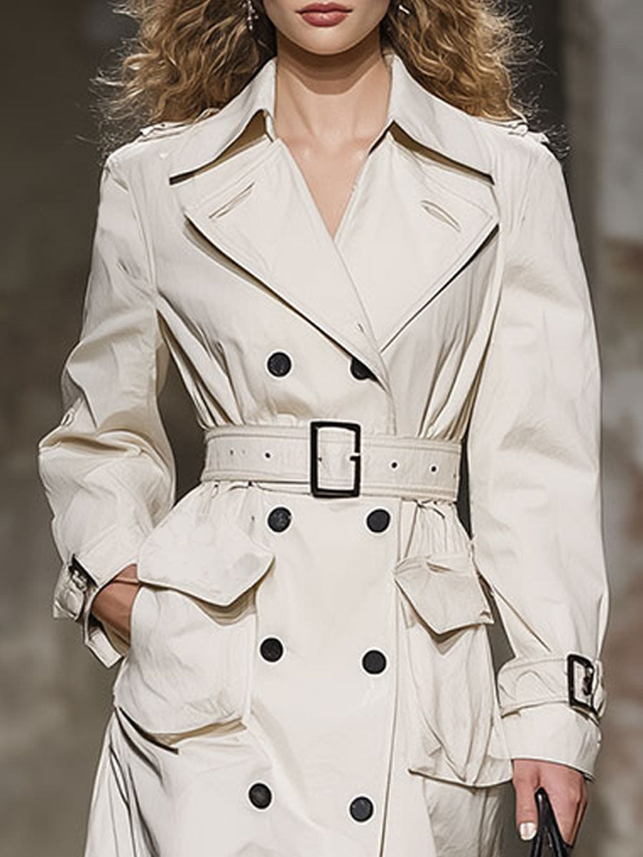 Classic And Fashionable Off-White Double-Breasted Trench Coat