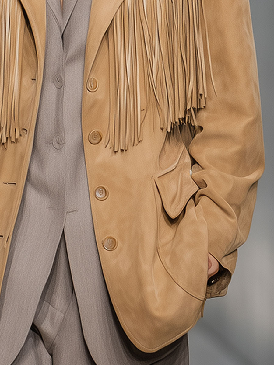 Casual Vintage Khaki Anti-suede Fringe Jacket
