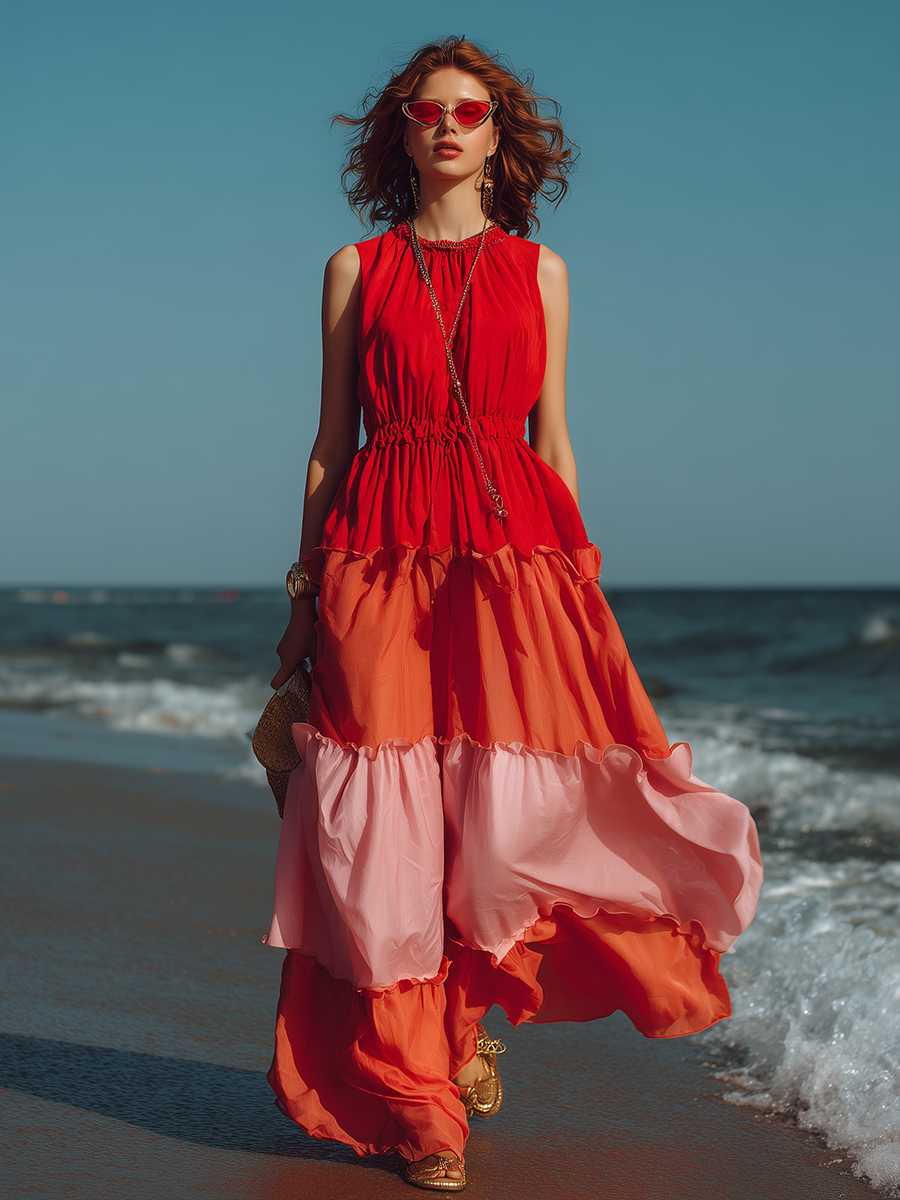 Vacation-style Sleeveless Round-neck Color-block Maxi Dress