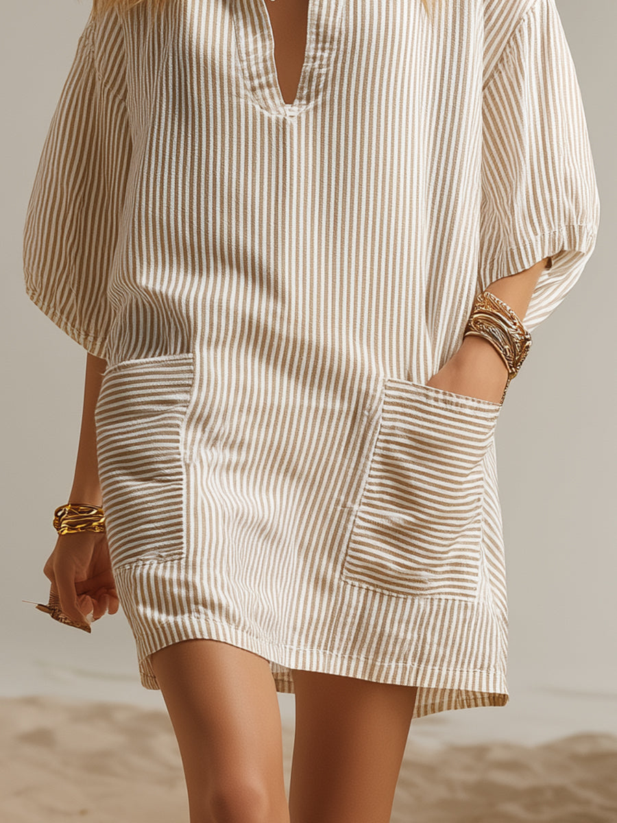 Casual Beige Striped Loose V-neck Mini Dress