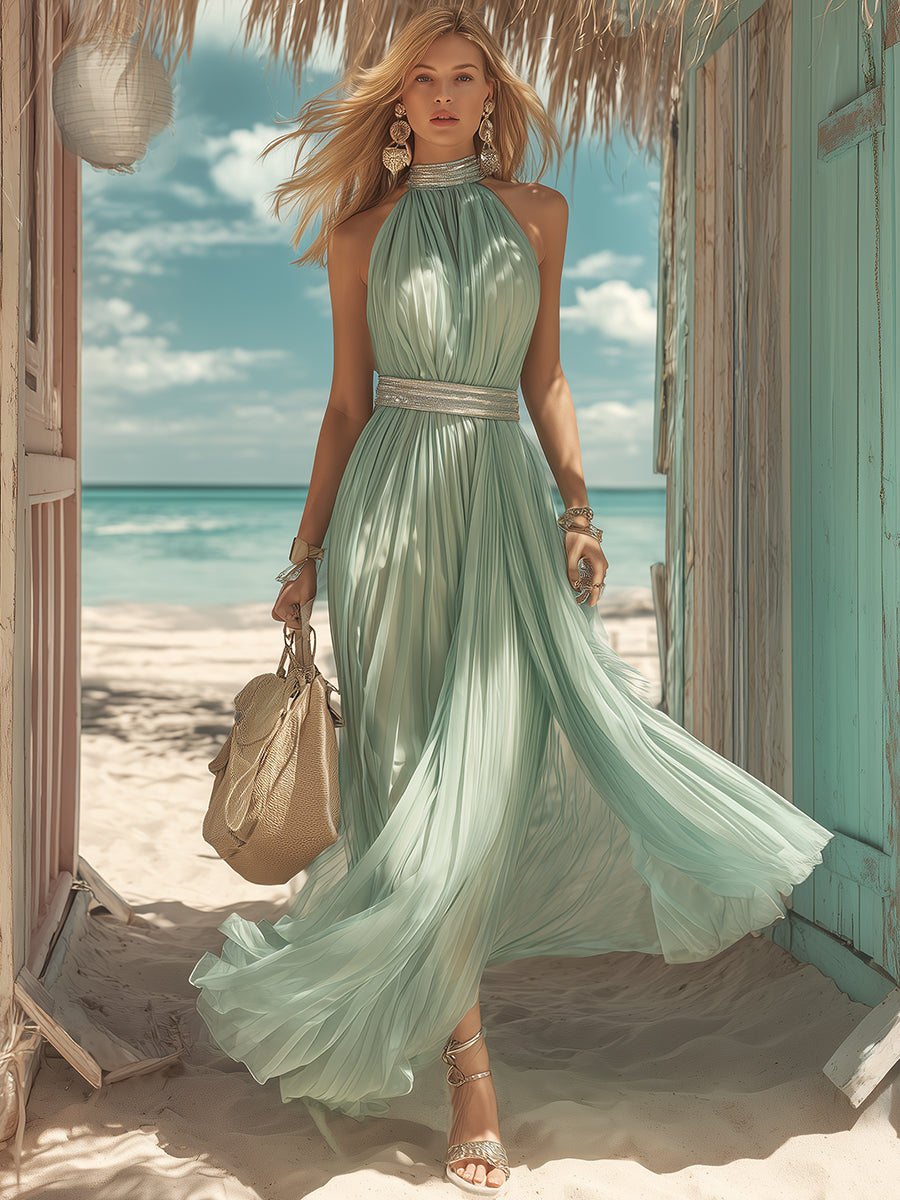 Luxury Resort Sage Green Pleated Chiffon Halter Neck Maxi Dress