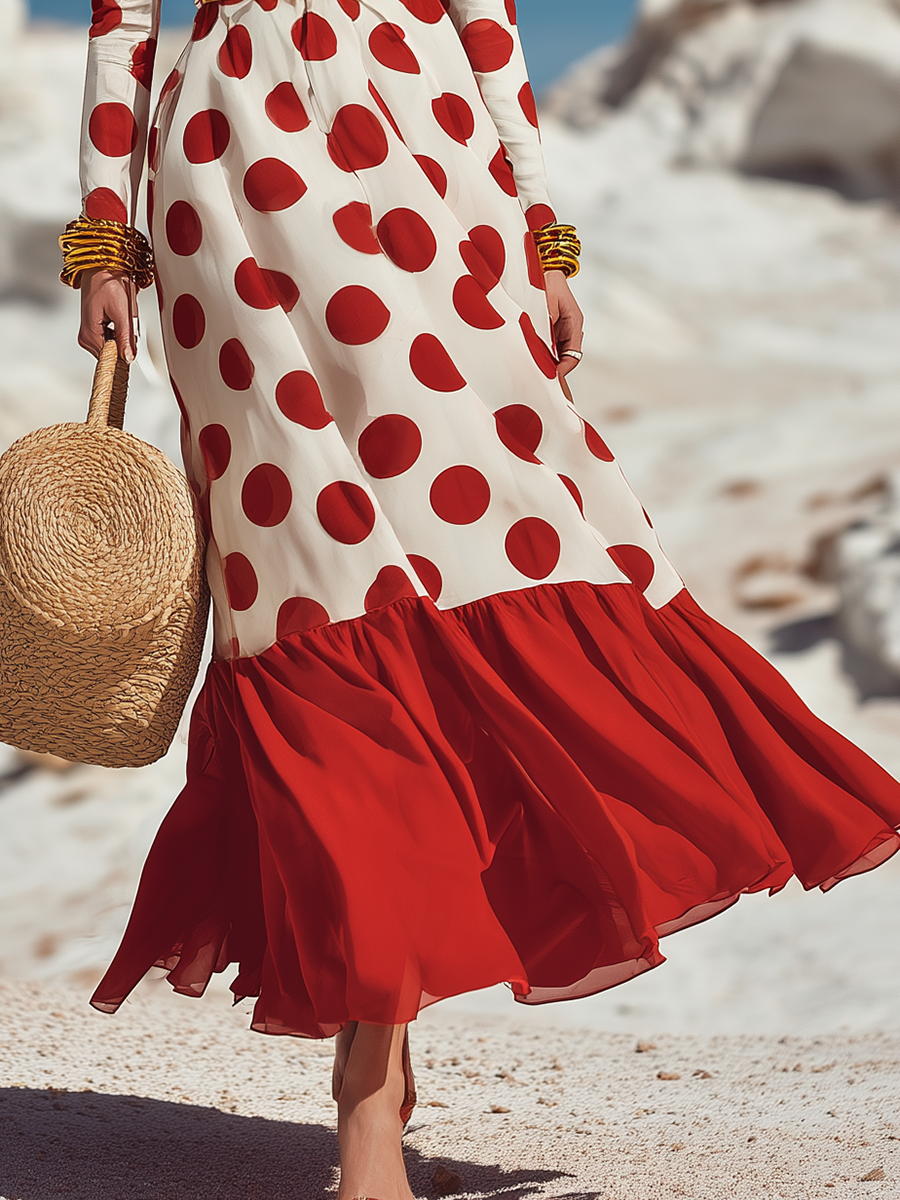 Classic Holiday Red Polka Dot Lapel Chiffon Maxi Dress