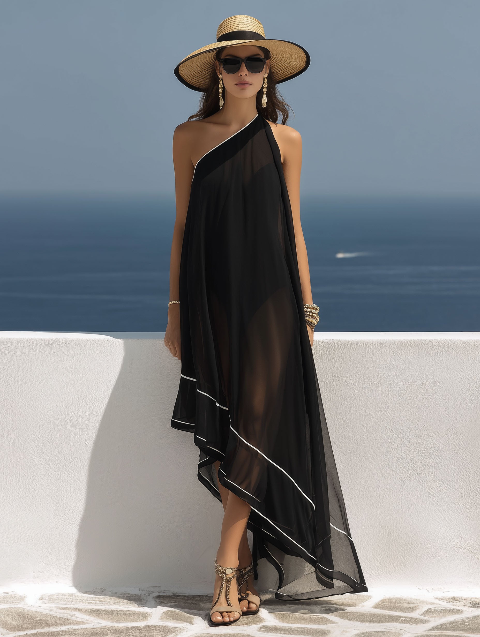Black Chiffon Beach Dress With A Light And Sheer One-Shoulder Maxi Dress