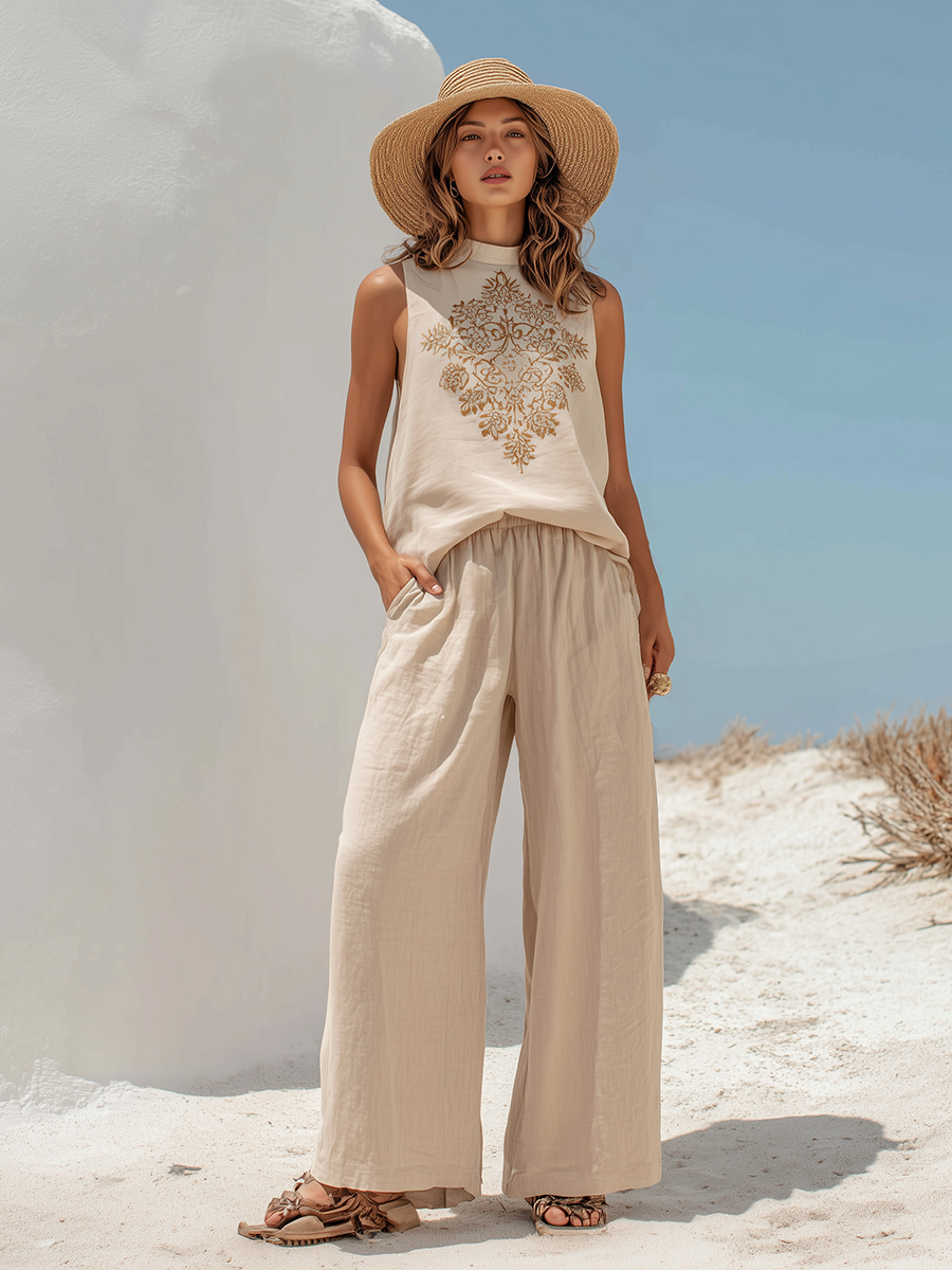Bohemian Style Beige Sleeveless Embroidered Top And Wide-leg Pants Set
