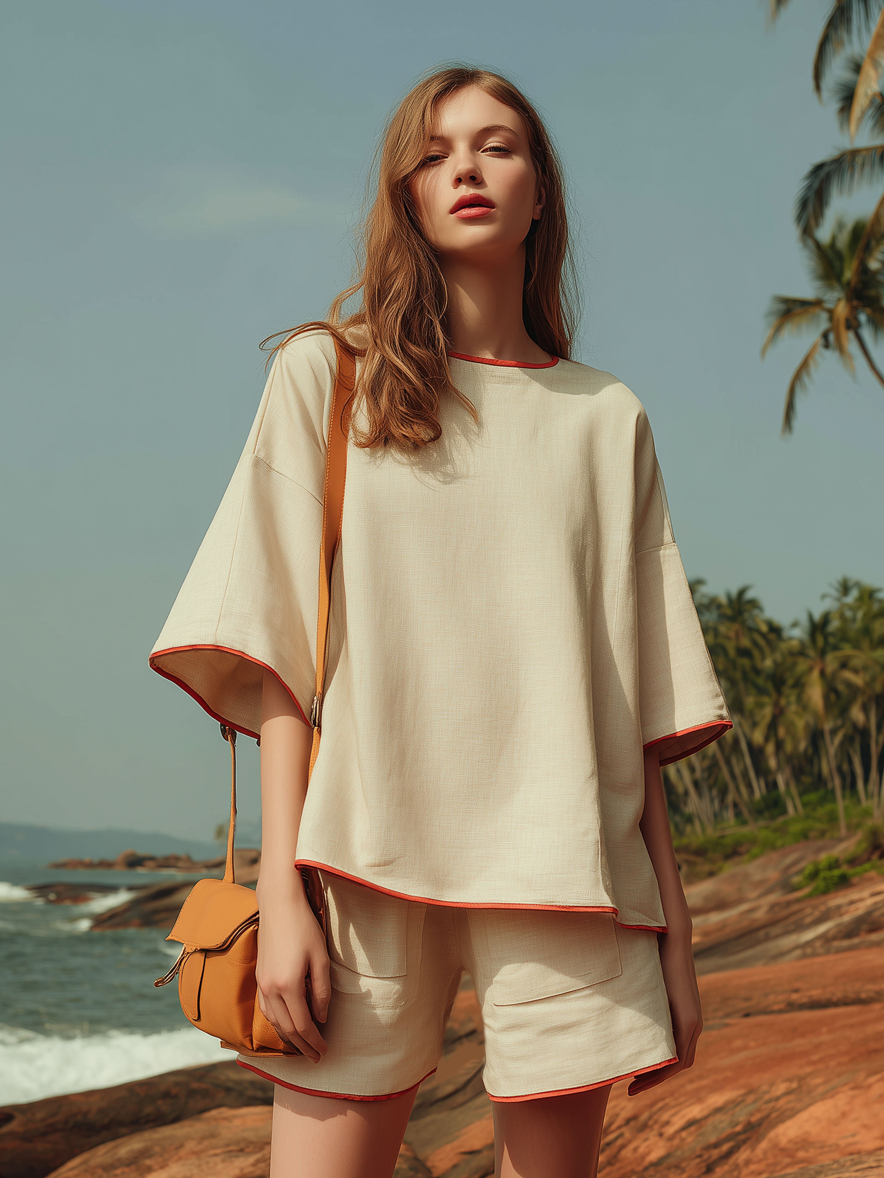 Vacation-Style Off-White Cotton Linen With Red Piping Short-Sleeved Shorts Set