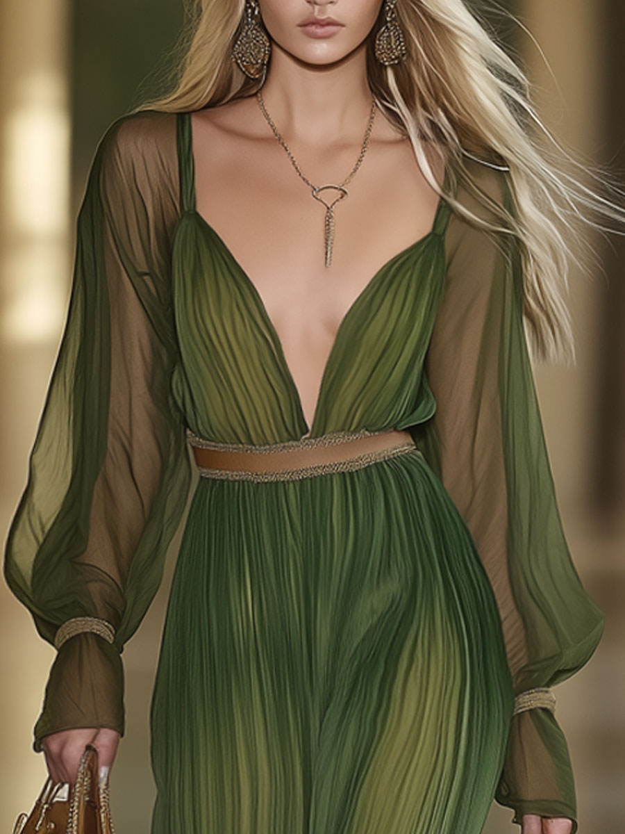 Elegant And Fashionable Forest Green Chiffon Tulle Long-Sleeved Jumpsuit