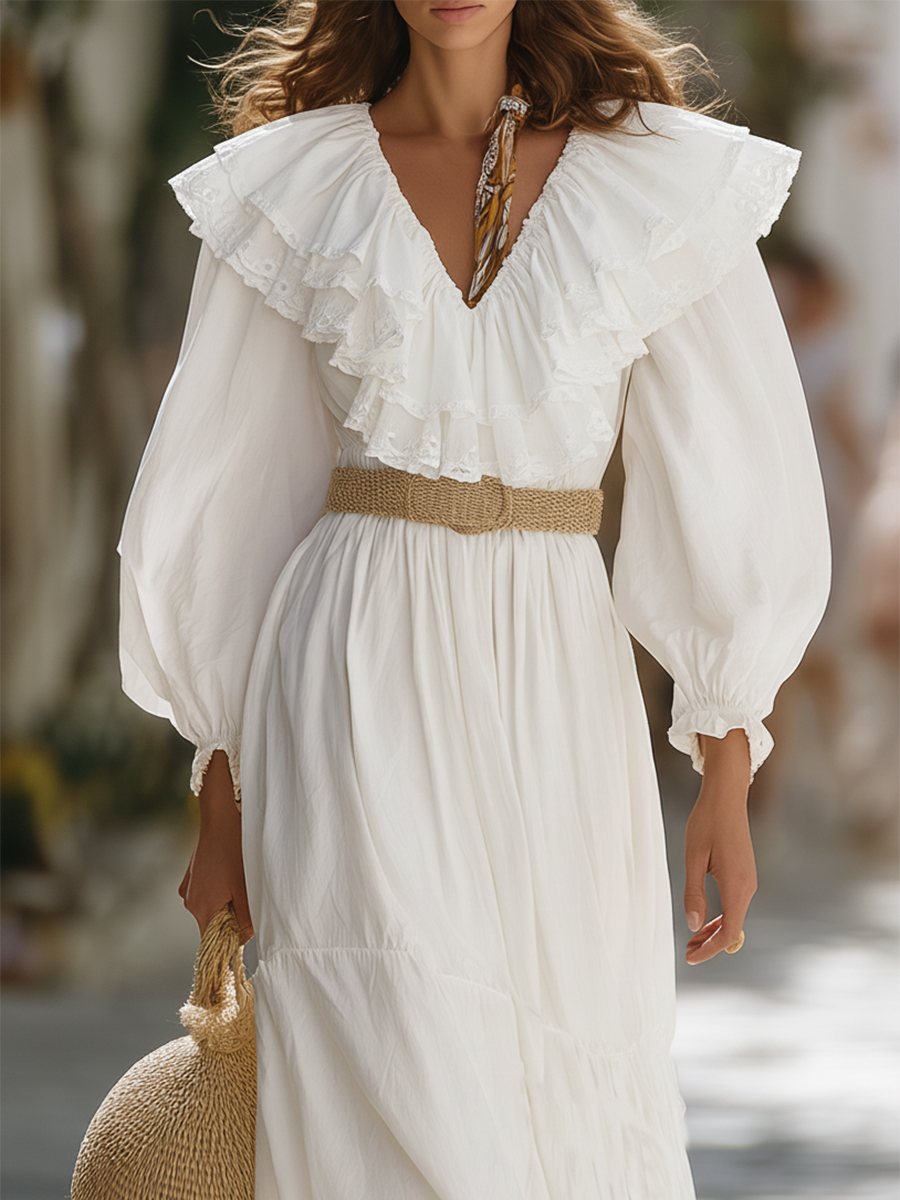 Romantic Bohemian V-neck Ruffled White Cotton Maxi Dress