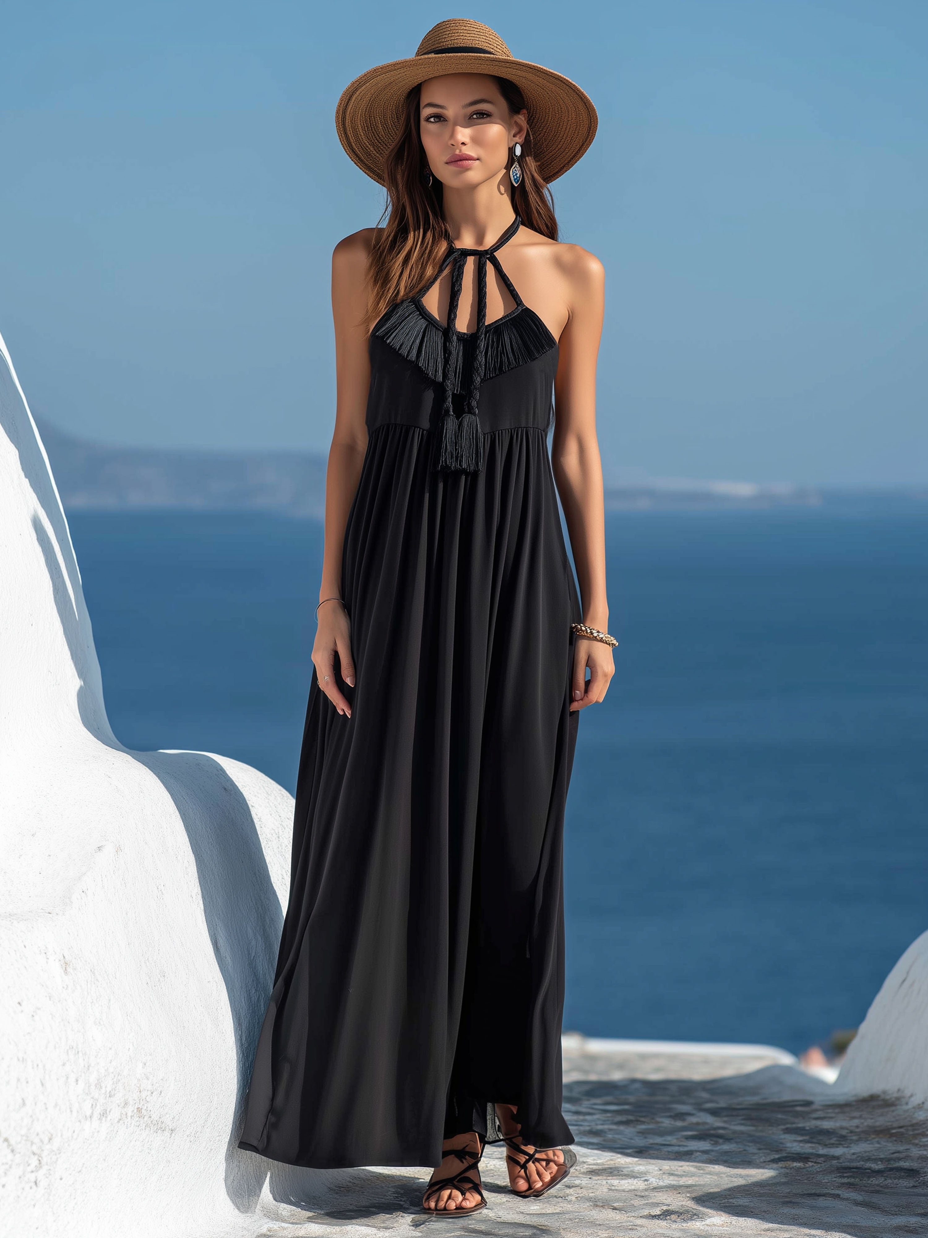 Vacation Black Fringe Tie-Wrap Sleeveless Maxi Dress
